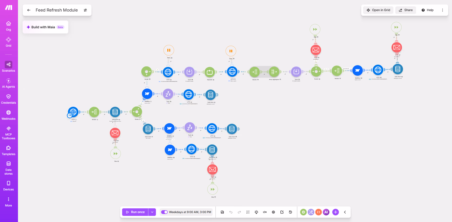 Complex automation workflow diagram with interconnected colored nodes and icons for HTTP, data stores, emails, and actions.