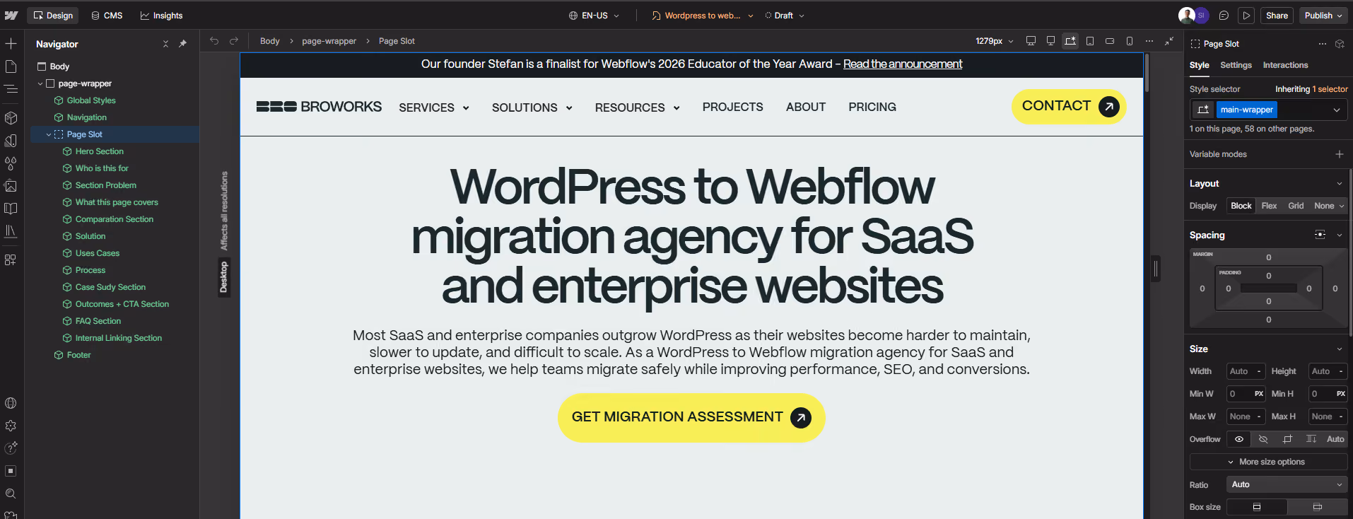 Webflow editor interface showing WordPress to Webflow migration agency homepage content with navigation and buttons.