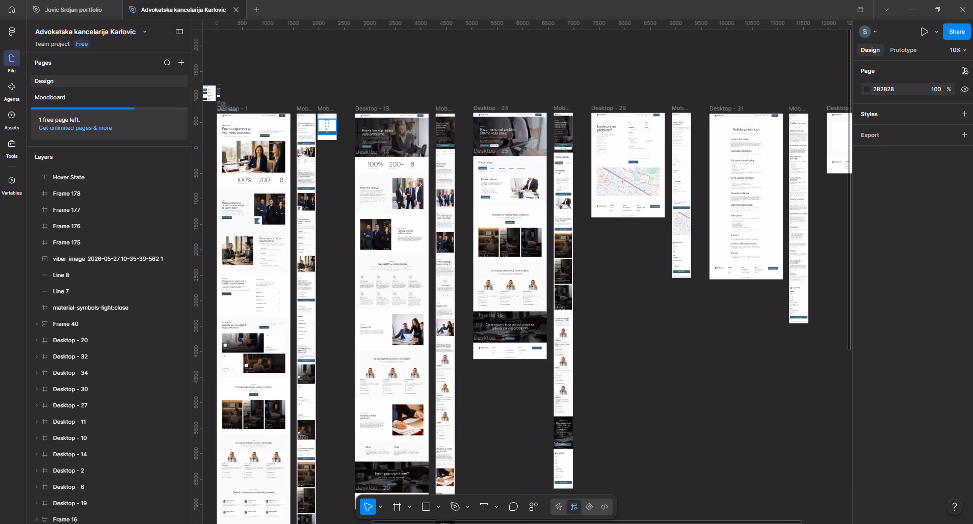 Figma design project showing multiple webpage layout frames for a law firm website.
