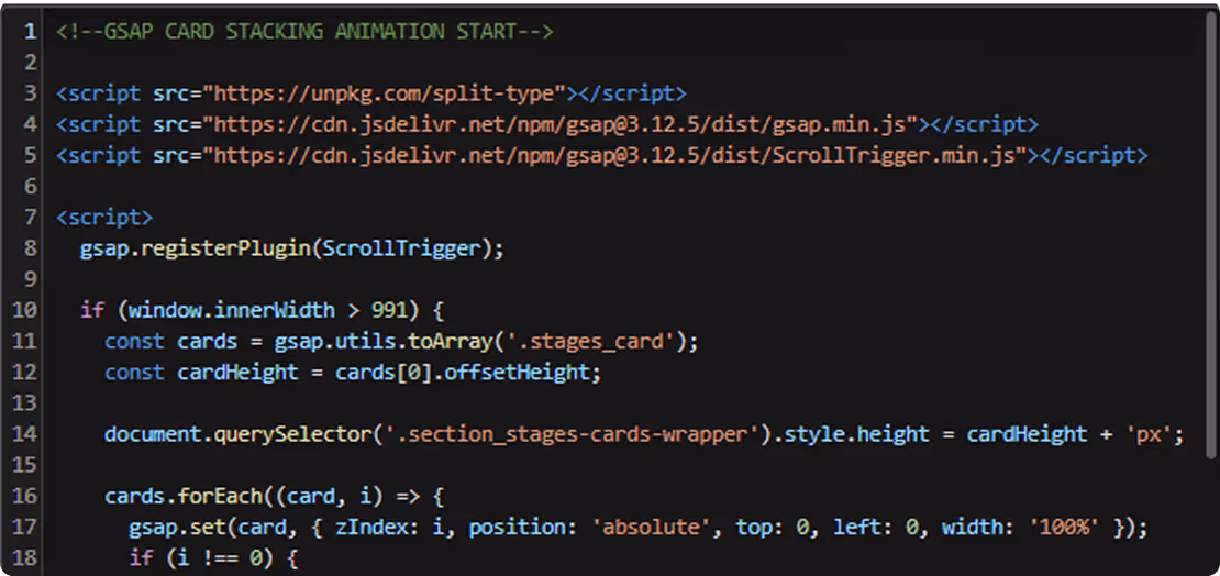 JavaScript code snippet for GSAP card stacking animation using ScrollTrigger plugin and conditional window width check.