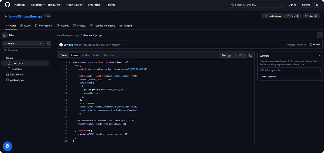 GitHub code page showing checkout.js file with Stripe API integration for payment session handling.